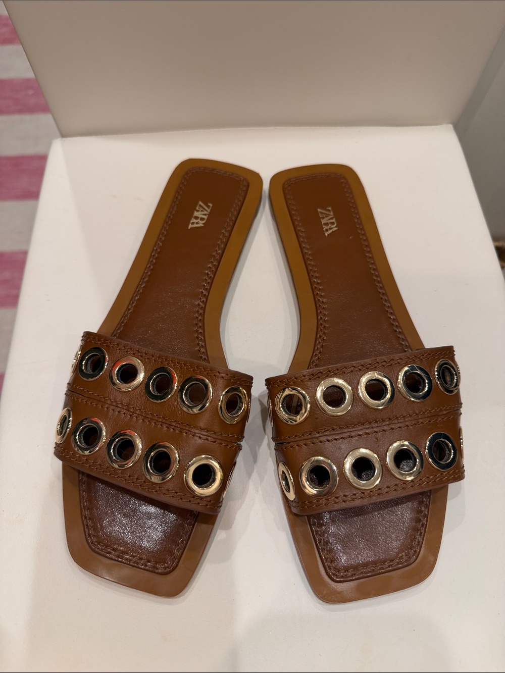 ZARA Tan Leather Slide Sandals with Double Grommet Straps